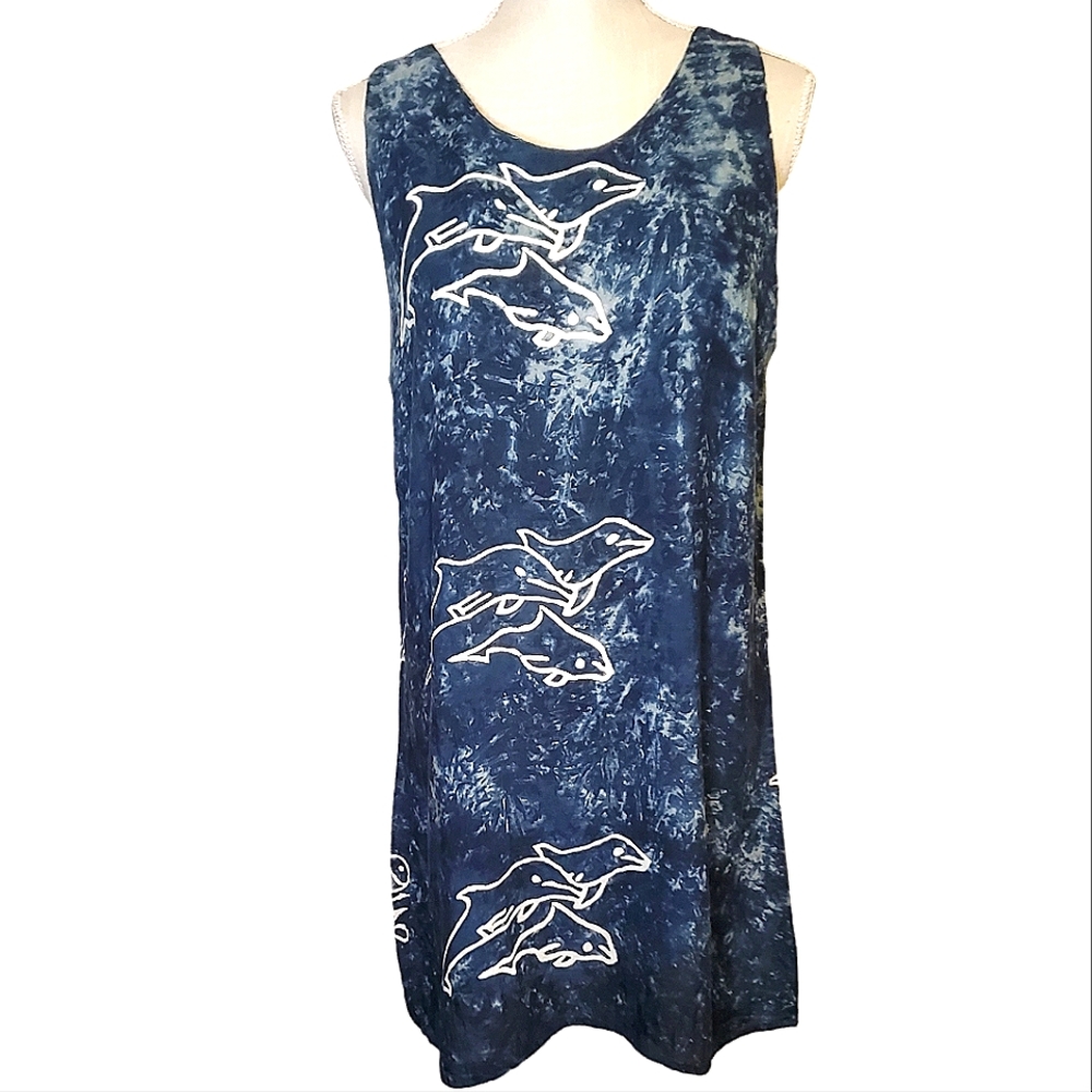 VINTAGE--IN GEAR | Women's marbled blue dolphin print swim cover dress. Size  M.